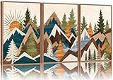 Tinonedraw Large Mountain Framed Canvas Wall Art, Boho Rustic Sunrise Forest Wall Decor, Vintage Woodsy Nature Art Painting, Modern Wilderness Trees Art Print for Living Room Bedroom Office 16"x24"x3