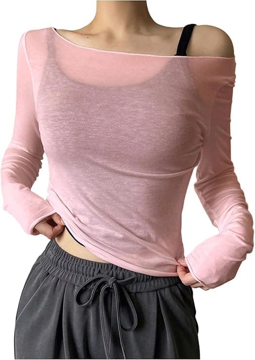 QJQ Women's Sheer Mesh Off The Shoulder Tops Long Sleeve See Through Shirts Going Out Party Club Outfits