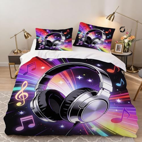 Funda Nórdica 220x240 cm Auriculares de Música Niño Chico Adolescente 3 Piezas Juego de Ropa de Cama Microfibra Multicolor Fundas Nordicas con 2 Fundas de Almohada