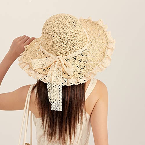 Sombrero de paja para mujer con ala ancha y encaje beige miniatura 2