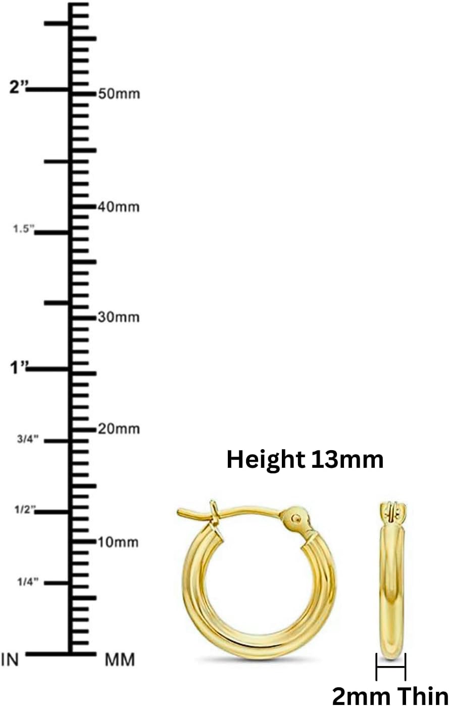 10K Yellow Gold Classic Shiny Polished Hoop Earrings, Plain Round Gold Hoops, Gold Earrings for Women and Men