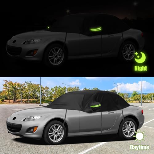 Image of Black Half Car Cover for 2005-2015 Mazda MX-5 Miata | Fits NC Generation, Weatherproof Sun Protection, Reflective Strips