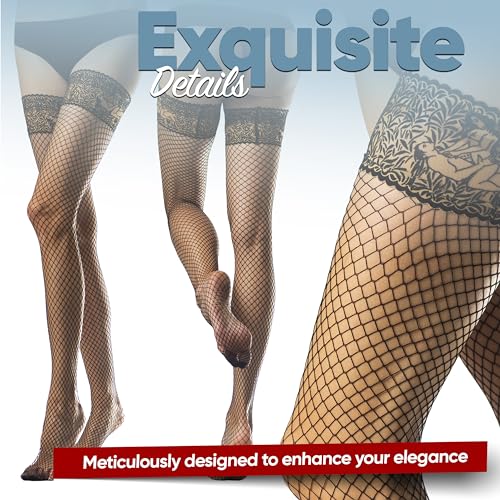 Black Fishnet Thigh High Stockings – Sexy Lace Top Hold-Ups with Silicone Grip – Elegant Lingerie Stockings for Women – One Size Stretchy Fit4