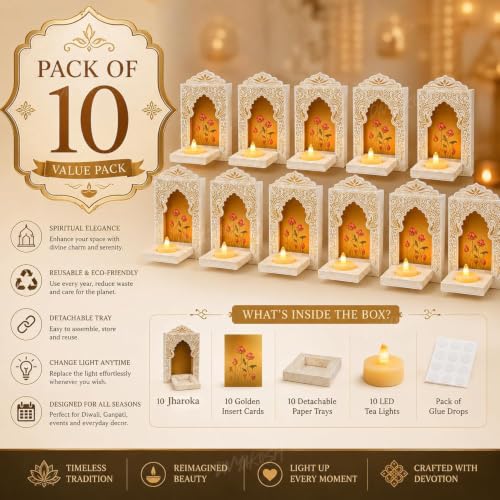 Image of Divyakosh Item for Home Decoration Jharokha Diya Set Jharokha for Wall Decor|Pack of 10 Festive Hanging Tea Light Holders with Golden Inserts & Detachable Tray, Wall Decoration item's for Living room
