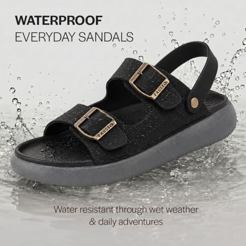 Image of FAUSTO Men Open Toe Double Strap Stitched Waterproof Sandals with Back Support|Soft Cushioned Insole|Summer Slip-On Slipper|Perfect For Monsoon Rainy Season