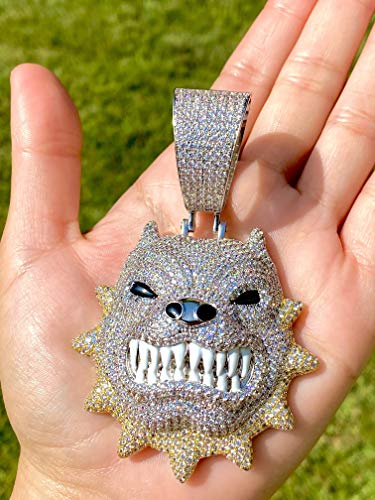 Men's 14k Gold Finish Big Pitbull Dog Iced Prong Set 2 Tone Pendant for Cuban Chain Men, Animal Pendant, Large Angry Dog Charm (Pitbull Dog Pendant Only) Fits upto 18mm2
