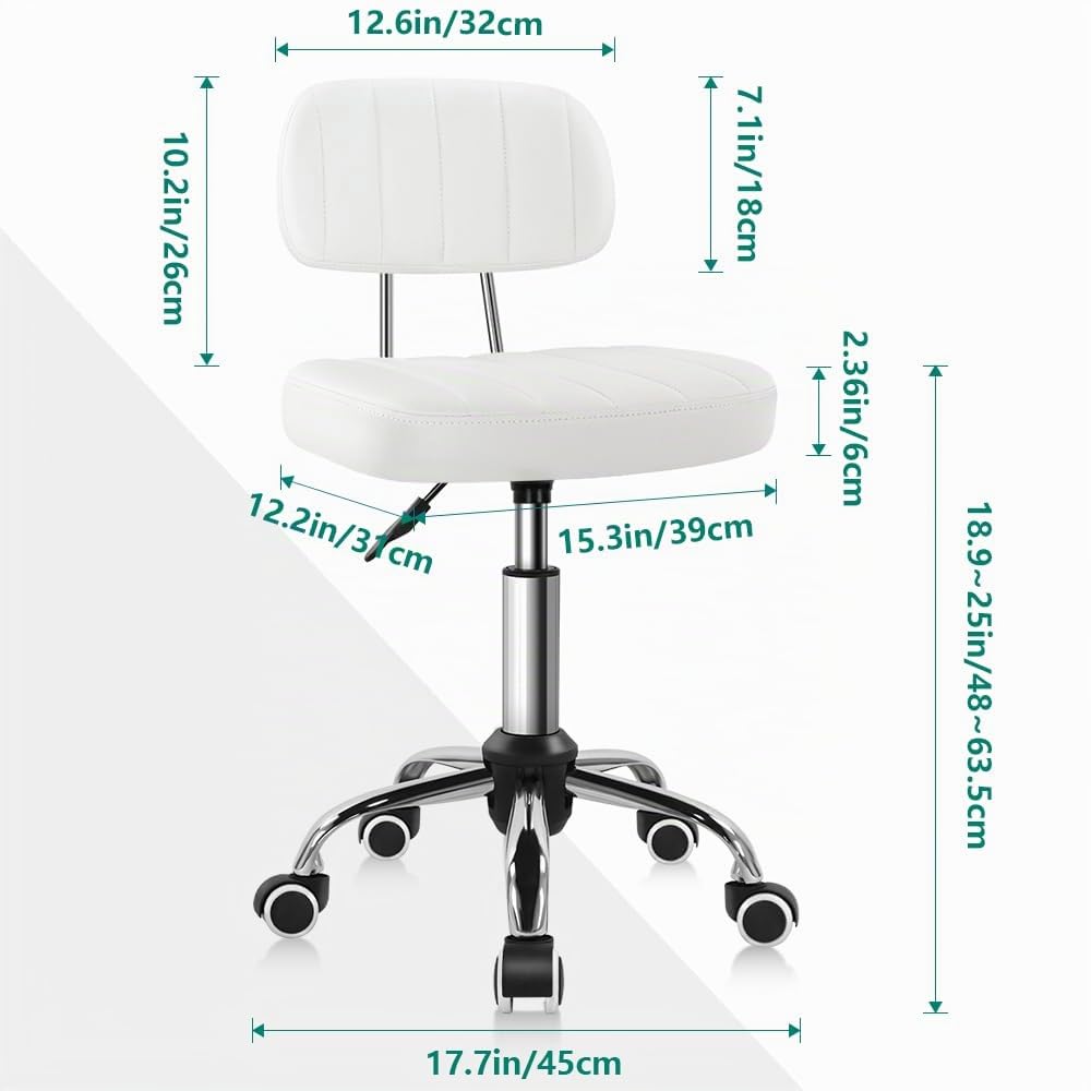 BFTOU Sgabello quadrato girevole su ruote, perfetto per lavoro, spa, negozi, massaggi, altezza regolabile e conveniente, sedia con schienale bianco