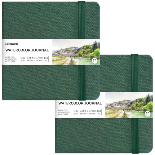 LIGHTWISH - 2Pack Watercolor Journal - 100% Cotton Hot Press Paper | 20 Sheets 40 Pages | 300GSM (140lb) | Linen Cotton Cover Watercolor Sketch Books for Artists Painting,Mixed Media 7.48 x 7.48 in
