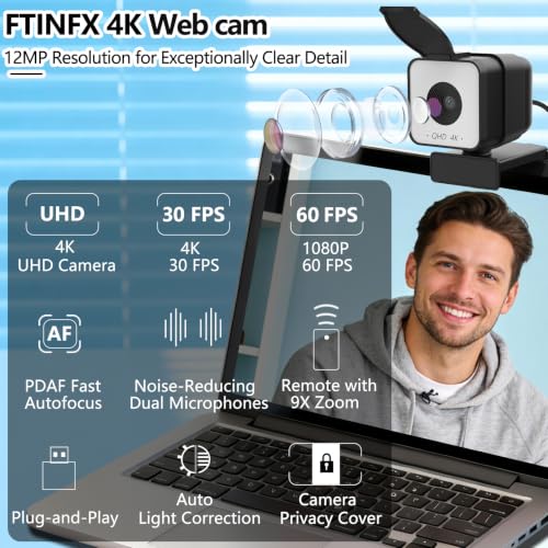 Image of 4K Webcam for PC& Mac,PDAF Autofocus,Dual Noise-Canceling Mics,USB-A | 86 FOV,1 /2.5 inch Sensor, Auto Light Correction,Remote Control&Max 9X Hybrid Zoom ,Ideal for Livestreaming and Online Meeting