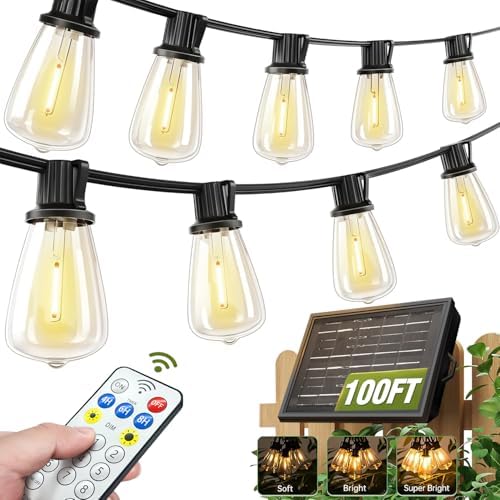 Solar String Lights Outdoor Waterproof with Remote & Timer, LED Shatterproof ST38 Bulbs, USB & Solar Powered Patio Lights for Backyard, Porch, Garden, Wedding, Christmas Decor (100FT)
