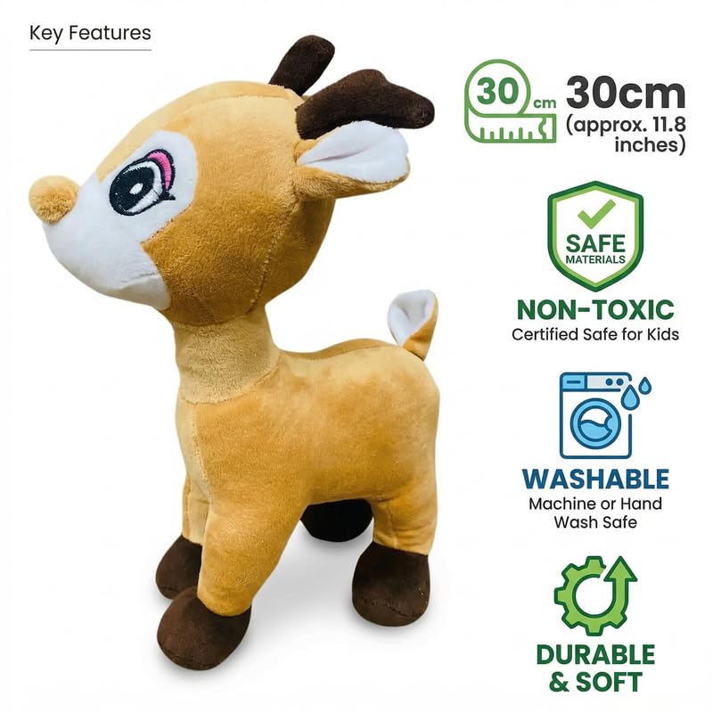 Image of HUG 'n' FEEL SOFT TOYS 30 cm Brown Deer Plush Toy - Soft Huggable Stuffed Animal | Cute Cuddly Deer Doll for Kids, Girls & Boys | Birthday Gift & Room Decor