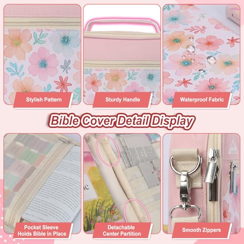 supregear Bible Cover Case for Women, Carrying Book Canvas Church Bag with Shoulder and Handle for Study Supplies Accessories, Quilted Organizer Christian Gift for Girl/Ladies, Floral Pink