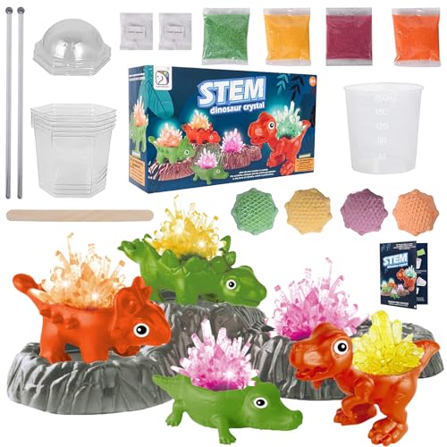 Juego de experimentación de crianza de cristales, 4 colores dinosaurios con cristales de dinosaurio, caja de experimentación, juguete de cultivo de cristal, kit de cría de cristales para niños a