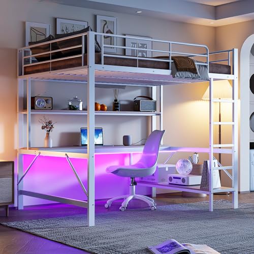 Huayz Hochbett Metall 140x200 cm,Mit USB und Steckdose, Mit LED-Leuchten,für Kinder, Jugendliche und Erwachsene, Metallbett Etagenbett mit...