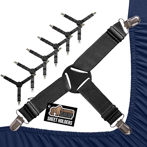 Image of GORILLA GRIP Patent Pending Bed Sheet Holders, Adjustable Elastic Fasteners with Metal Clips, Keep in Place Fitted Bedding Straps, Firm Tight Suspenders for Mattress, US Designed, 8 Pack Black