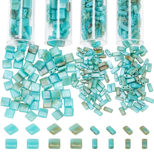 NBEADS 440 Pcs 2 Styles 2-Hole Beads 5.2x5.2mm/2.3x5.2mm Acrylic Seed 2 Hole Spacer Beads for Jewelry Design Necklace Bracelet Earring Making Dark Turquoise