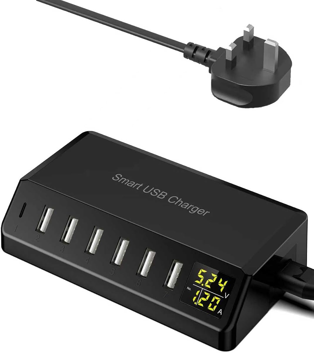USB Charger 60W 7-Port USB Desktop Charger with LED Screen, Multi-Device Charging Station with Real-Time Power Monitoring for Phone,Fast Charging Hub for Home, Office, Travel