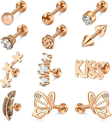 Mayhoop 4-12 Pcs Tragus Helix Earrings Ear Studs 16G Stainless Steel Flower Opal Horseshoe Ring Cartilage Earrings Piercing Jewelry