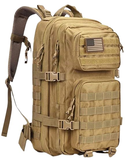 PMTCBQQZ Mochila táctica, capacidad de 30 litros, color tostado, sistema Molle, parche de bandera de Estados Unidos, canela, L