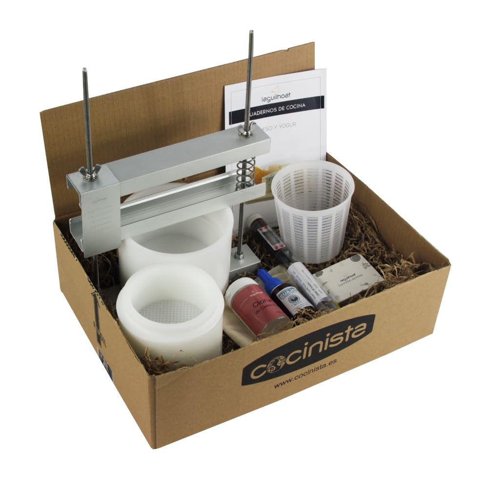 Cocinista Kit De Luxe para hacer queso y yogur en casa con prensa, moldes, fermentos y termómetro Kit completo para quesos frescos, prensados y curados, yogur, kéfir y cuajada