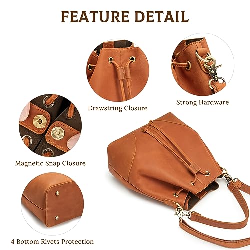 Image of S-ZONE Genuine Leather Purses for Women Crossbody Drawstring with 2 Straps | Top Grain Leather, Bucket Bags Crossbody Shoulder Top Handle, Multi Pockets, Vintage Casual, Travel Everyday