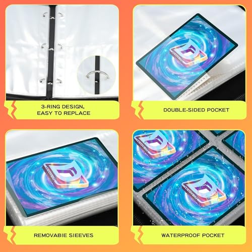 ALMEKAQUZ Trading Card Binder 4-Pockets 400 Pockets Card Holder with 50 Removable Sleeves, Game Cards Trading Card Collector with Zipper, Trading Card Album for TCG Baseball Football Cards (Black)