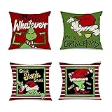 Grinch Christmas Decorations Christmas Pillow Covers 18x18 Set of 4 for Grinch Christmas Decorations Winter Holiday Throw Pillows Farmhouse Christmas Decor for Home, Xmas Cushion Cases for Couch