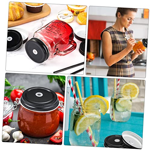 Hoement 24stücke Jar Lids Mit Strohhalmloch Wiederverwendbare Deckel Für Einmachgläser Auslaufsicher Mit Silikonring Schwarz Für Getränke Und Bubble Tea