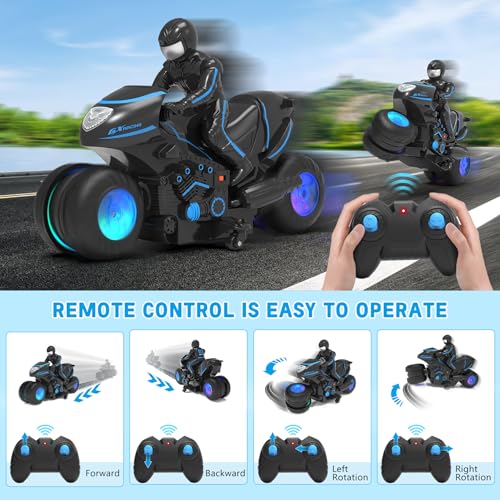 RC Motorcycle, Remote Control Motorcycle with RGB Wheels Lights - 360-degree Rotations, Drifts, High-Speed, RC Car Dirt Bike Toy for Boys 4-7 8-12 Years Kids - Image 4