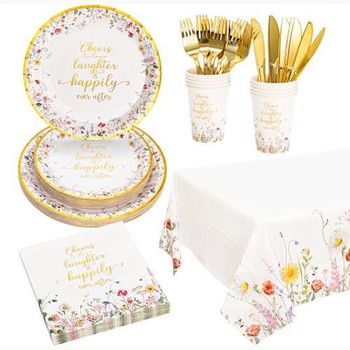 Crisky Bridal Shower Plates and Napkins Gold Cheers to Love Disposable Tableware Set of 24 for Engagement Bridal Shower Wedding Party Decorations (Plates Napkin Cups Tablecloth Knife & Fork)