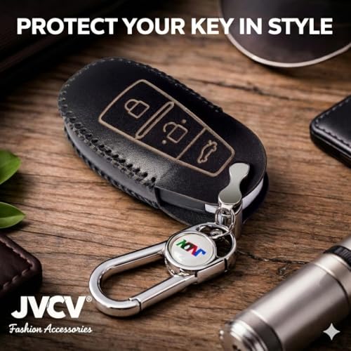 Image of JVCV Soft Handmade Leather Car Key Cover Compatible with Maruti Suzuki Baleno Ciaz Vitara Brezza S Cross Swift Ignis and Toyota Urban Cruiser Smart Key with Keychain (Black)