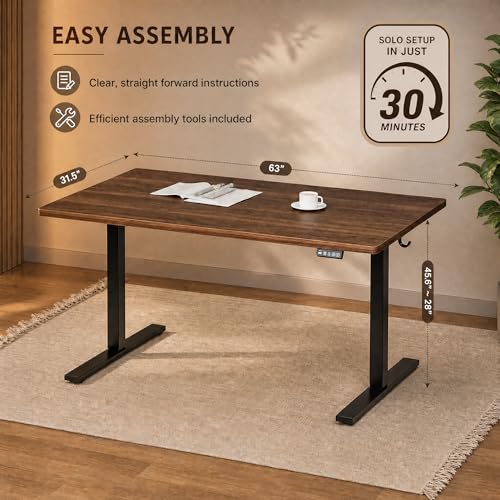 Image of Grandder 63x32 Large Electric Standing Desk, Height Adjustable Computer Desk with 2 Memory Presets, 31.5 inch Deep Desktop Sit Stand Desk Home Office Desk Workstation Table with Hooks, Walnut