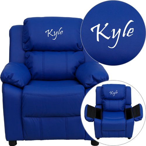 Flash Furniture Blue Microfiber BT-7985-KID-MIC-BLUE-EMB-GG: Personalized Deluxe Padded Kids Recliner with Storage Arms