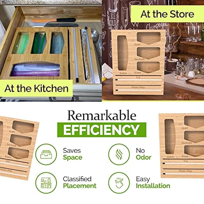 Bamboo Drawer Organizer for Ziplock Bags - Foil and Plastic Wrap Organizer Meal Prep Bag for Food Packet - Storage Holder Plastic Wrap Dispenser with Cutter Aluminium foil Kitchen Organizer