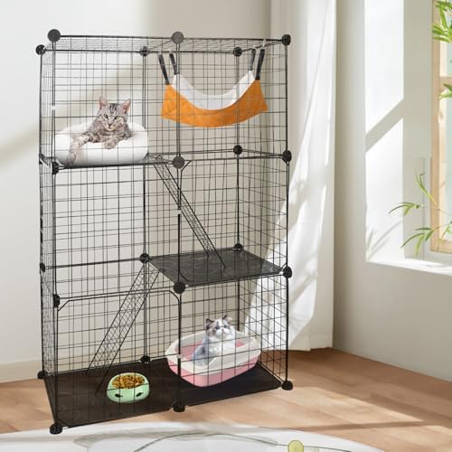 KOCASO 3 Tier Metal Cat Cage Indoor Playpen Detachable Kitty House with 3 Doors, 2 Ladders Large Activity Center for 1-2 Cats, Black