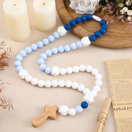 Misdary Baby Rosary Baptism Gift Silicone God Bless Kids Rosary with Cross Baptism Party Supply for Baby Shower Christian Catholic Communion Gifts(Blue Square)