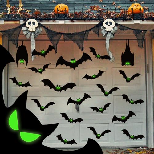 24 Pcs Halloween Garage Door Decorations Magnets Bats with Glow in The Dark Eyes Luminous...