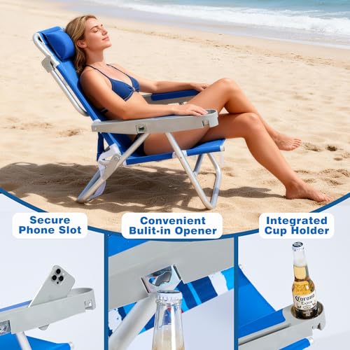 Image of SUNNYFEEL Extra Wide 28 inch Low Beach Chair 2 Pack 5 Position Lay Flat, XL Oversized Portable Folding Camping Chairs with Cup Holder for Outdoor /Trip, Foldable Backpack Beach Chair for Adults