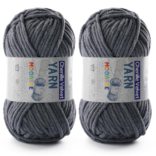 Image of 2 Pac Chenille Yarn for Crocheting - Blanket Yarn for Crocheting - Fluffy Yarn for Crochet, Baby Yarn for Crocheting Soft Blankets Weight Per Roll 50g /1.76oz, Length 60m /65yard (Dark Grey)