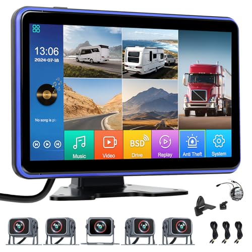 Image of 5 Channels RV Backup Camera System,10.1 inch IPS Quad Split Touch Screen Monitor Rear Side View 5 AHD Camera,Vehicle DVR Recording Backup Heavy Duty Camera for Truck Bus RV Trailer Semi Box