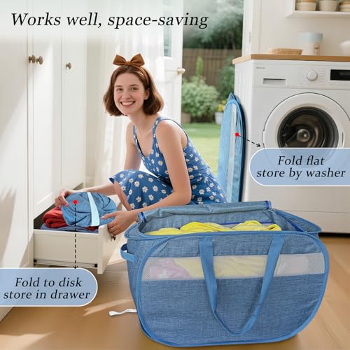 Image of Upgraded 100L Extra Large Mesh Pop Up Laundry Hamper with Lid and Handles. XL Closet Storage Bins, Dirty Clothes Basket for Dorm Home, Foldable Laundry Basket. Blue. H