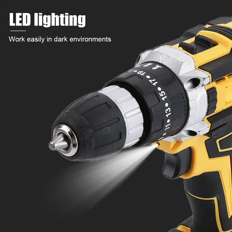 Close-up of the drill chuck with the LED light illuminating the work area