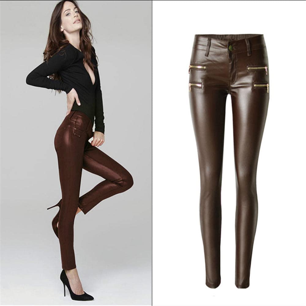 Niedrige Taille braune dünne Hosen Frauen PU-Beschichtung Push Up Jeans Femme Mode Gefälschte Reißverschlüsse Elastizität Pantalones Mujer-34.