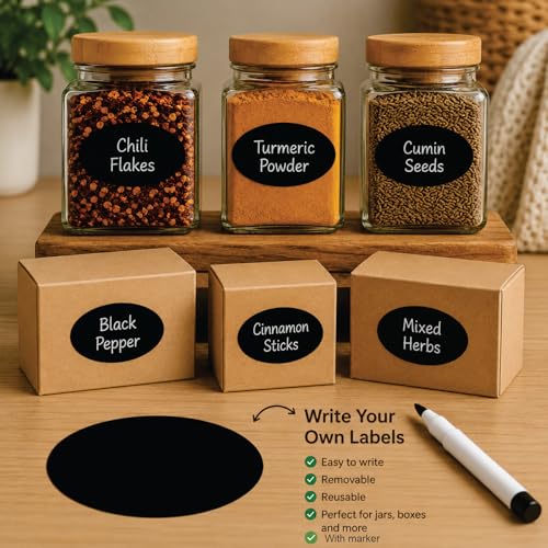 Image of CVANU Spice Jar Label Stickers (100PCS - Black) Self-Adhesive Kitchen Container Labels with White Marker | Matte Writable Stickers for Spice Bottles, Storage & Masala Boxes | Oval Design Blank Labels