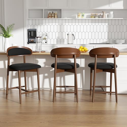 Image of Bar Stools Set of 6, Upholstered Counter Height Bar Stools, Mid Century Modern Counter Stools with Wood Legs for Kitchen Island, Black