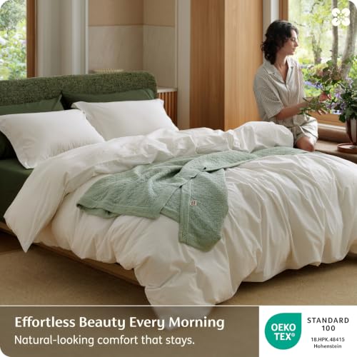 Image of Bedsure PureWoven 100% Washed Cotton Duvet Cover Set, Full Size, 3-PC | Linen Like Texture, Percale Breathable Bedding Set for All Seasons, Zipper Closure, 8 Corner Ties, Ivory, 80 inch x 90 inch
