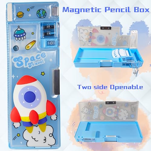 Image of ZAFCO Plastic Astronaut Magnetic Pencil Box for Kids | Large Capacity Space Theme Compass for Boys for School | Stationaries Organizer Return Gift | Pack of 1, Blue