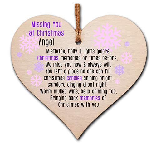 The Plum Penguin Handmade Wooden Christmas Hanging Heart Plaque Gift Missing you at Xmas sentimental rememberance present tree decoration pink snowflakes lost loved ones