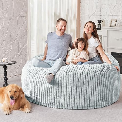 Image of HABUTWAY 5FT Bean Bag Chair, 5' Large Bean Bag Chairs for Adults with Removable Stripe Plush Cover, Memory Foam Beanbag Chair for Living Room Bedroom Dorm,Light Grey