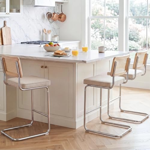 Image of Zesthouse Rattan Counter Stools Set of 3, 26'' Mid Century Modern Bar Stools, Linen Fabric Counter Height Barstool with Solid Wood Back & Natural Cane Mesh, Boho Cantilever Island Chair, Beige Grayish